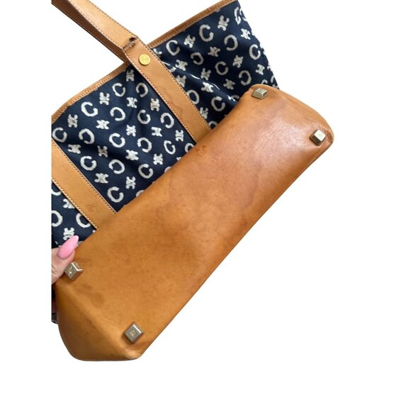 CELINE Vintage Tan Blue Macadam Tote Shoulder Bag - Picture 9 of 16